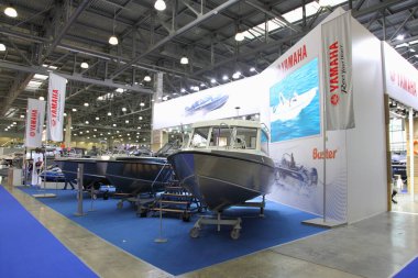 Moscow / Russia  03 05 2020: Aluminium Buster motor boats on Yamaha stand on13th International Moscow Boat Show 2020 in Crocus Expo exhibition center