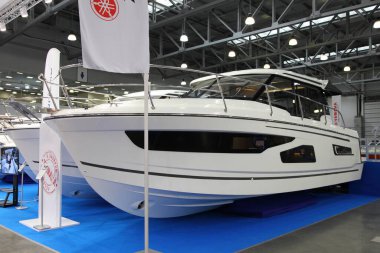 Moscow / Russia  03 05 2020: Merry Fisher Luxury motor boat on 13th International Moscow Boat Show 2020 in Crocus Expo exhibition center clipart