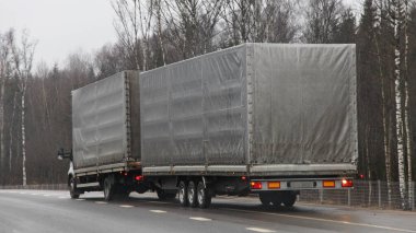 Gri çadırlı tente kamyonu, sonbahar günü asphali karayolunda üç eksenli treyler kullanıyor.