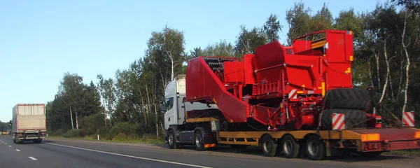 Lowbed semi truck transportate on three-axle low-frame trailer oversized big red harvester combine on suburban highway road at summer day, industrial large size transportation logistics,rear side view
