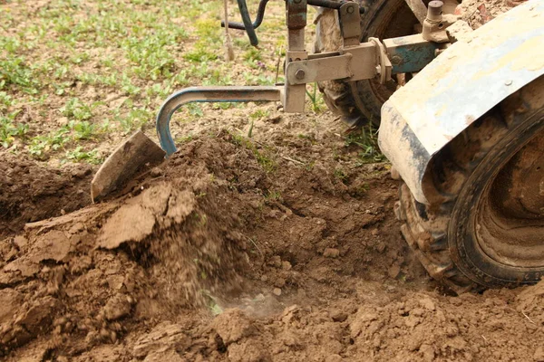 Abnehmbare Pflug Auf Dem Minitraktor Pflügt Das Land Garten Einem — Stockfoto