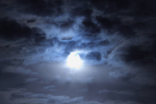 Full Mooon dark sky under dramatic clouds, magic moonlight beautiful cloudscape