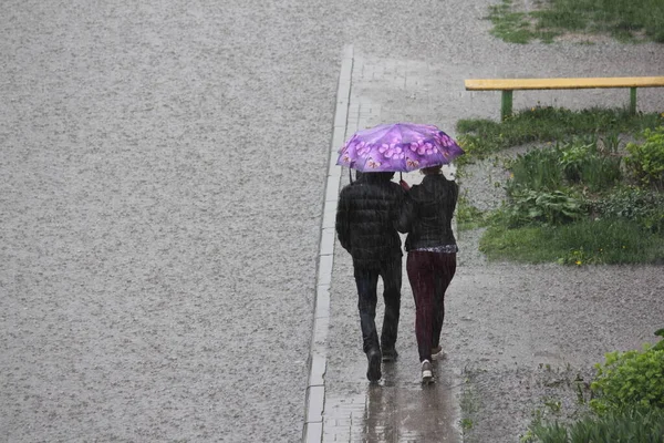Couple Personnes Vestes Noires Sous Parapluie Lumineux Marche Long Trottoir — Photo