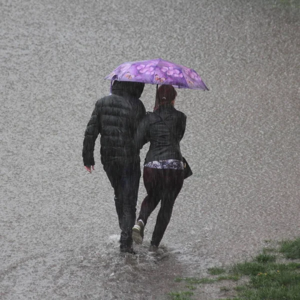Man Woman Black Jackets One Colored Same Umbrella Walk Together — Stock Photo, Image