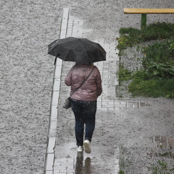 Femme Humide Sous Parapluie Promène Long Trottoir Dans Parc Sur — Photo