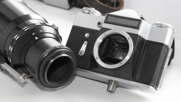 Old Photoghraphic Equipment Retro Srl Film Camera Big Telephoto Lens — Stock Photo, Image