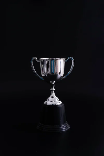Zilveren Trofee Geïsoleerd Zwarte Achtergrond Met Kopieerruimte Beginselwinnaar — Stockfoto