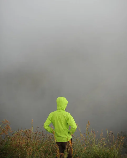 Rinjani 'de dağın tepesinde genç bir gezgin ve deniz manzarasının tadını çıkarıyor. Gençler vahşi hayatı, seyahati, özgürlüğü sever..