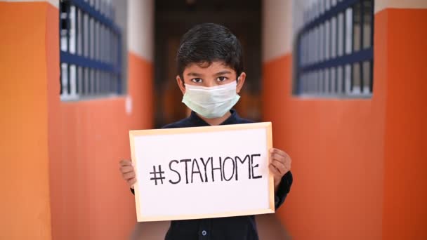 Stay Home Coronavirus Covid Infected Asian Boy Wearing Masks Show — стоковое видео