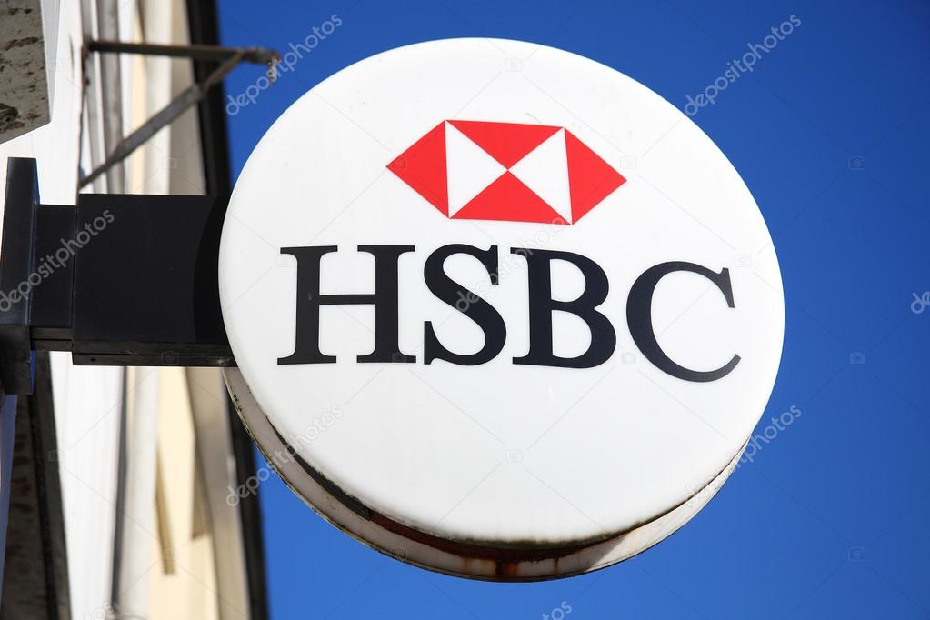 Carmarthen, Wales, UK, October 22, 2016 :  HSBC bank advertising sign outside their retail branch in Lammas Street