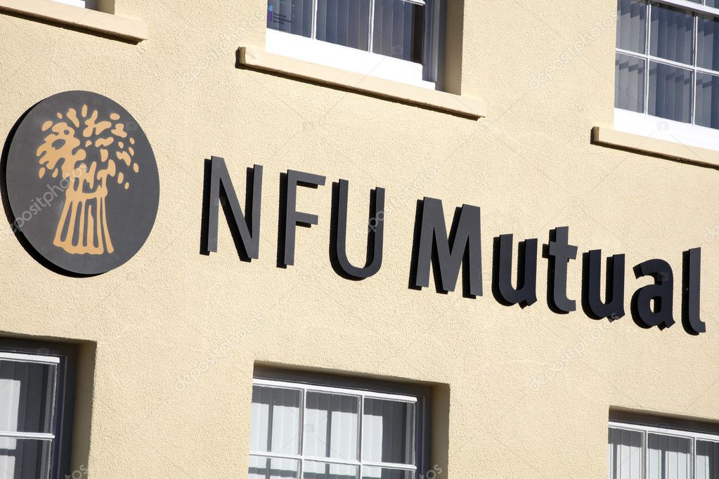 Carmarthen, Wales, UK, October 22, 2016 :  NFU Mutual insurance society advertising sign outside their retail branch in Cambrian Street