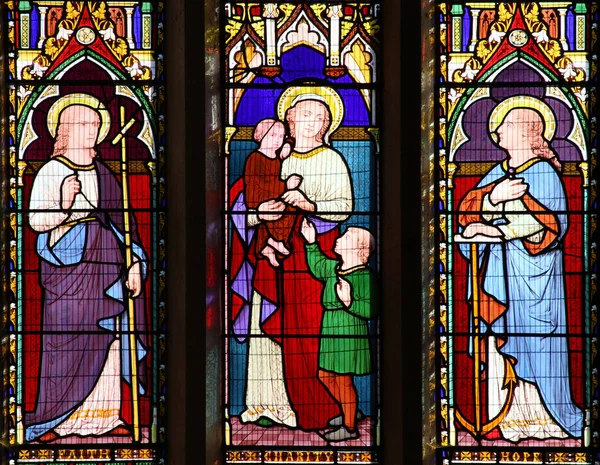 Faith Hope Charity stained glass window — Stock Photo, Image