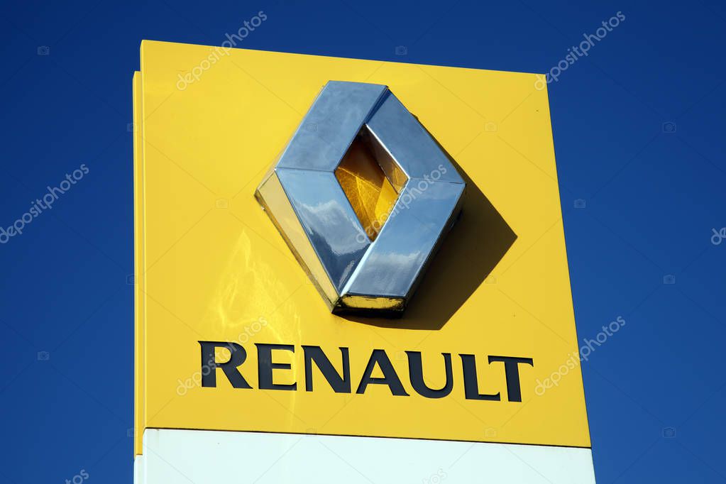 Kidwelly, Wales, UK, November 20, 2016 : A  Renault sign at their car showroom showing its company logo