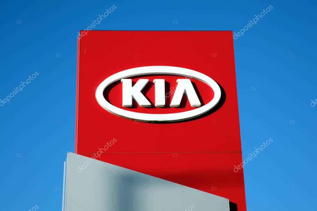 Kidwelly, Wales, UK, November 20, 2016 : A  Kia motor company sign at their car showroom on the towns outskirts