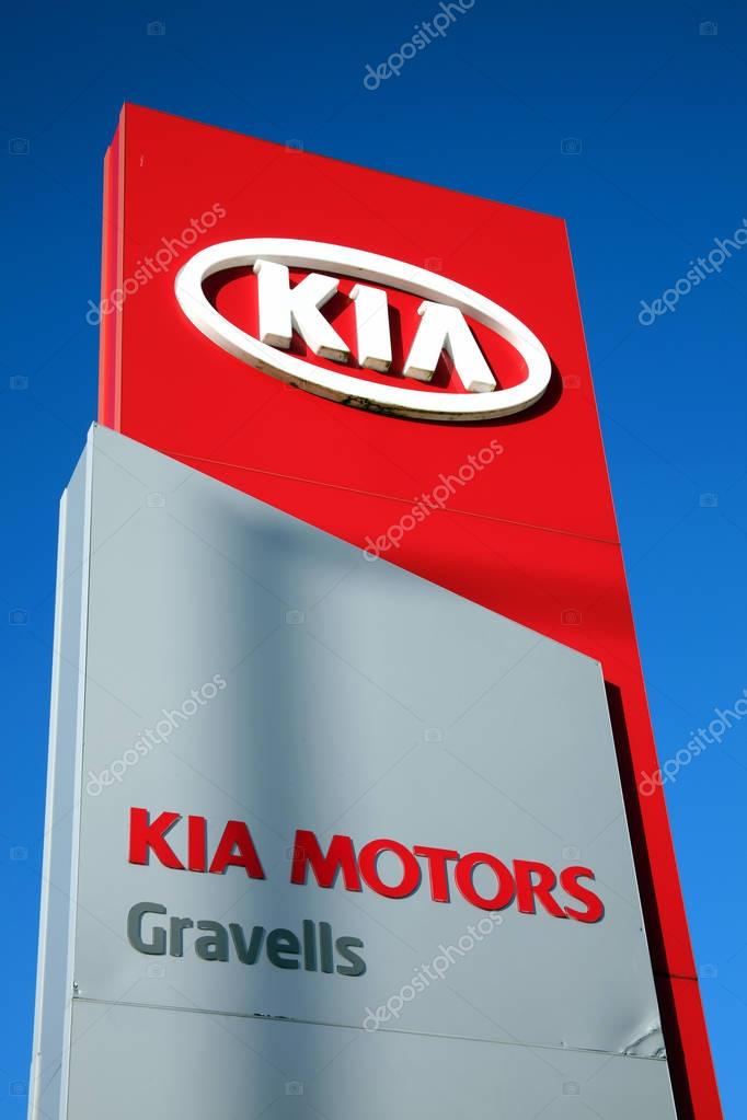 Kidwelly, Wales, UK, November 20, 2016 : A  Kia motor company sign at their car showroom on the towns outskirts