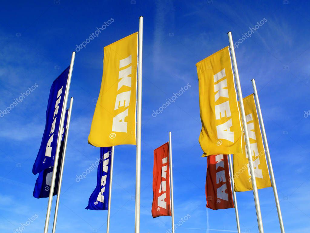 London, UK  April 6, 2011:  Ikea advertising flags outside its retail supermarket stores in Brent Park Wembley