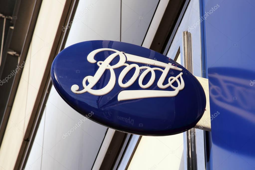 London, UK, February 27, 2011 : Boots chemist logo advertising sign outside one of its retail  stores in London city centre