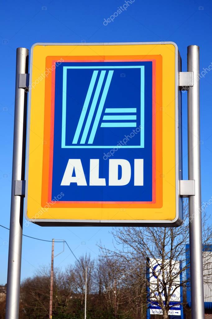 Carmarthen, Wales, UK  January 2, 2017:  Aldi logo advertising sign outside its retail supermarket stores in the city centre