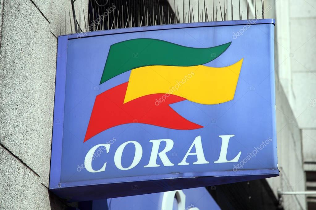 London, UK, April 9, 2011:  Coral bookmakers betting shop logo advertising sign outside one of its retail branches in the city centre