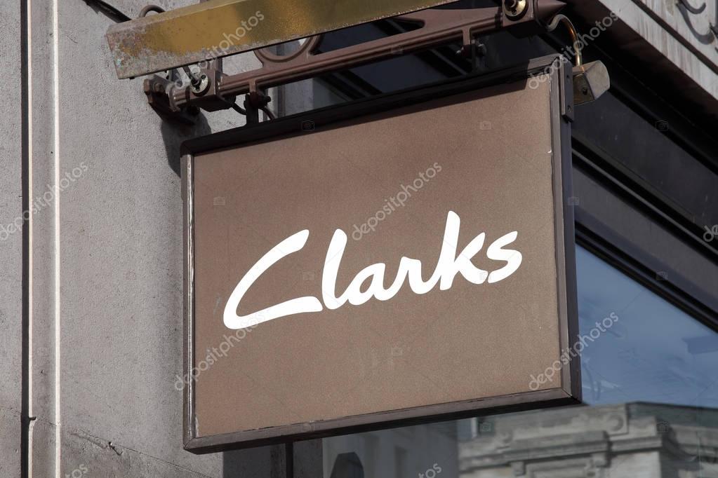London, UK, February 27, 2011 : Clarks logo advertising sign outside one of its shoe stores in the city centre
