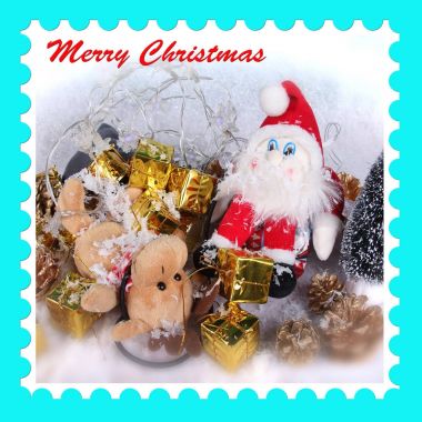 Noel posta pulu tasarımı ile Noel Baba, Ren geyiği ve mevcut hediyeler yarım ton fotoğraf