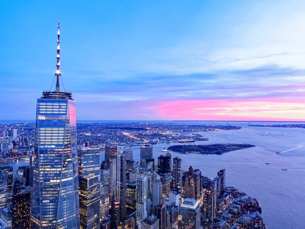 Skyline Nueva York Wtc Con East River Atardecer Fotografía Aérea —  Fotos de Stock