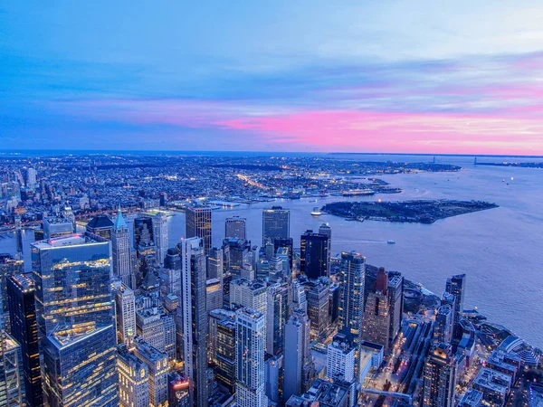 New York Skyline Avec East River Coucher Soleil Photographie Aérienne — Photo