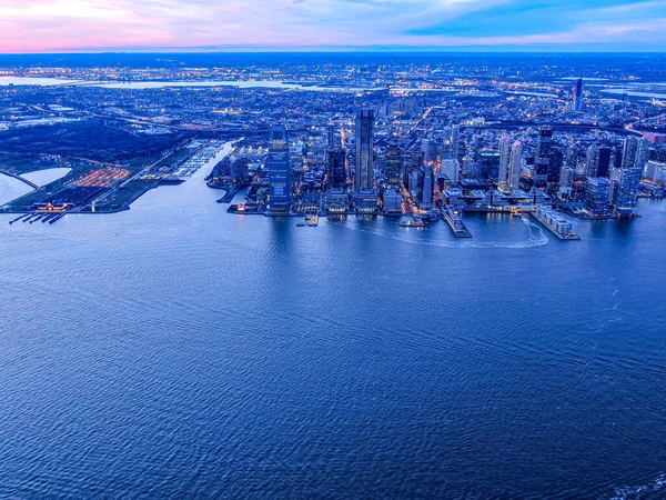 Jersey City Skyline Avec Hudson River Coucher Soleil Photographie Aérienne — Photo