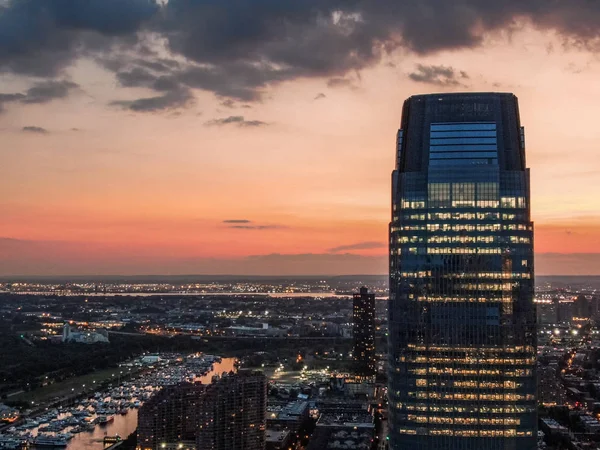 Jersey City Met Goldman Sachs Gebouw Bij Zonsondergang Luchtfotografie — Stockfoto