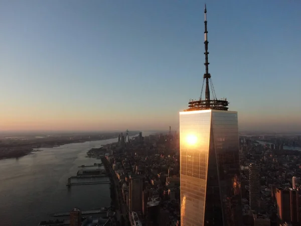 New York downtown and world trade center in sunset, aerial photography