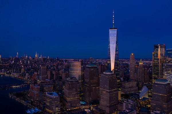 Flygfoto Över New York Stad Manhattan Skyline Stadsbild Skymningen — Stockfoto