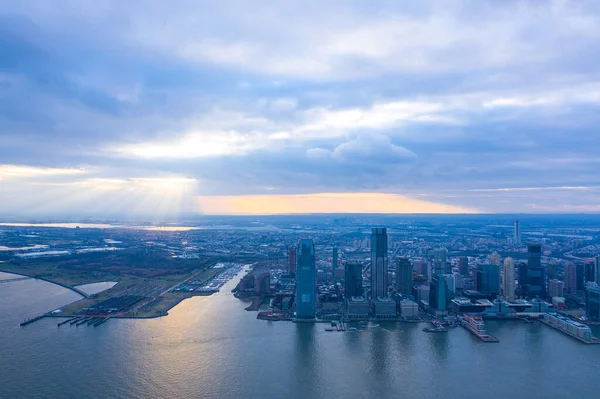 Foto Aerea Jersey City Skyline Con Fiumi Hudson Tramonto Ripresa — Foto Stock
