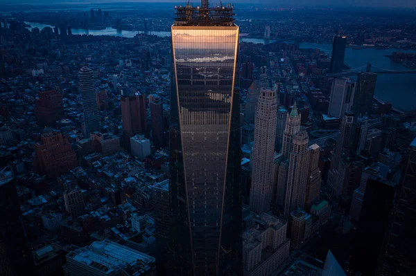 Foto Aerea New York Skyline Tramonto Manhattan Financial District Foto Stock Royalty Free