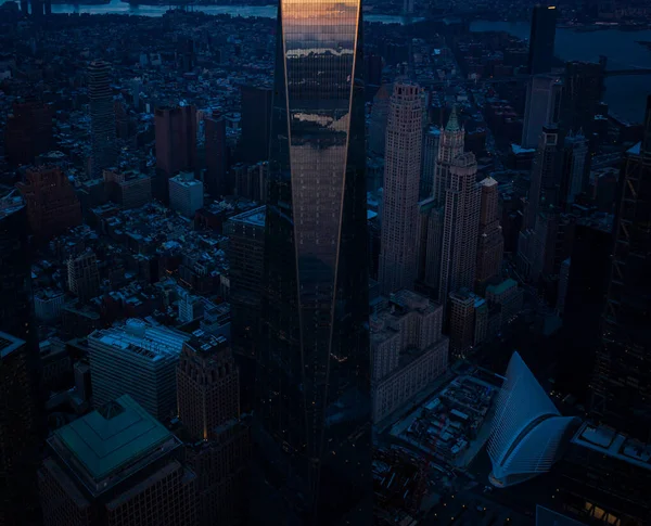 Foto Aerea New York Skyline Tramonto Manhattan Financial District Foto Stock