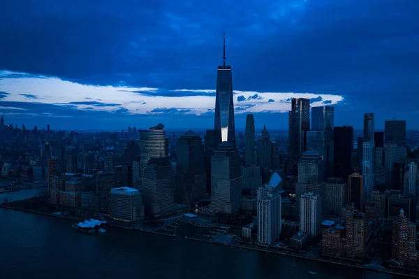 Photographie Aérienne New York Skyline Crépuscule Quartier Financier Manhattan Photo De Stock