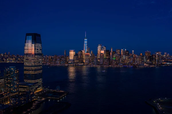 Foto Aerea New York Con Fiumi Hudson Tramonto Jersey City Fotografia Stock