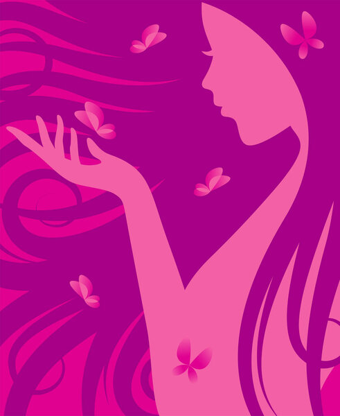 Silhouette of a woman with long curly hair playing with butterflies.