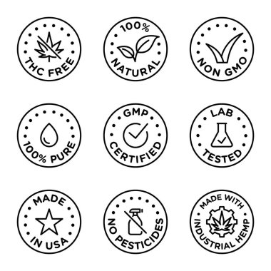 CBD oil icons set including THC free, 100% natural, non GMO, 100% pure, fluid, GMP certified, lab tested,  made in USA, no pesticides, made with industrial hemp - Vector clipart