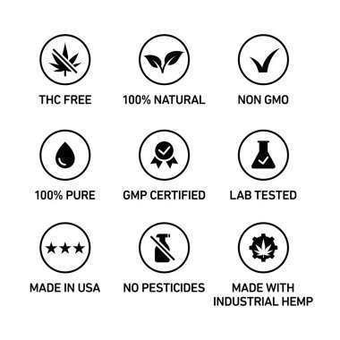 CBD oil icons set including THC free, 100% natural, non GMO, 100% pure, fluid, GMP certified, lab tested,  made in USA, no pesticides, made with industrial hemp - Vector clipart