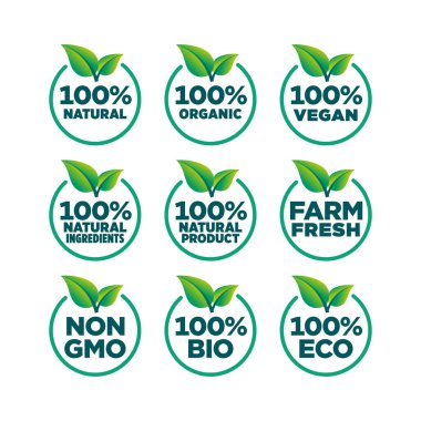 % 100 doğal, organik, vegan, doğal malzemeler, doğal ürünler, tarım tazeliği, eko, biyoloji, gmo serbest ikon seti