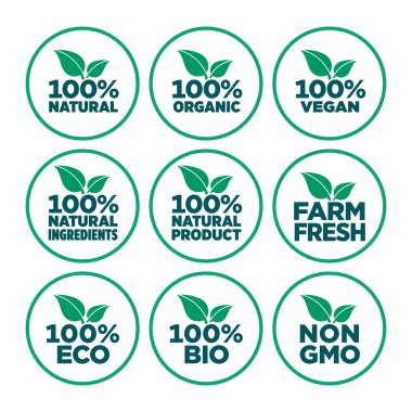 % 100 doğal, organik, vegan, doğal malzemeler, doğal ürünler, tarım tazeliği, eko, biyoloji, gmo serbest ikon seti