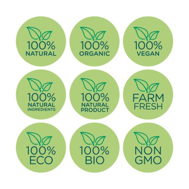 % 100 doğal, organik, vegan, doğal malzemeler, doğal ürünler, tarım tazeliği, eko, biyoloji, gmo serbest ikon seti