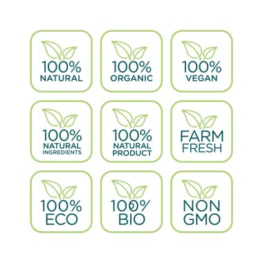% 100 doğal, organik, vegan, doğal malzemeler, doğal ürünler, tarım tazeliği, eko, biyoloji, gmo serbest ikon seti