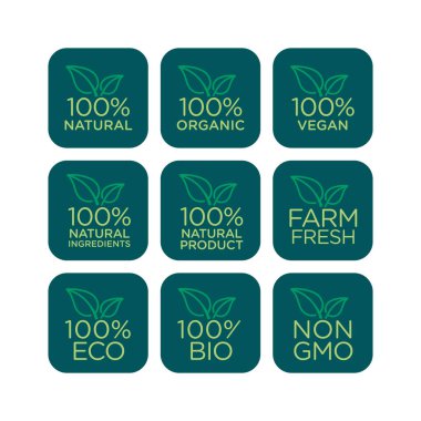 % 100 doğal, organik, vegan, doğal malzemeler, doğal ürünler, tarım tazeliği, eko, biyoloji, gmo serbest ikon seti