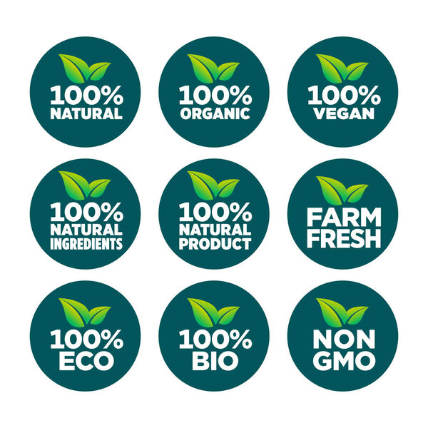 100% natural, organic, vegan, natural ingredients, natural product, farm fresh, eco, bio, gmo free icon set
