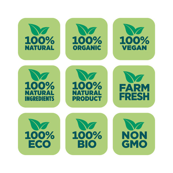 100% natural, organic, vegan, natural ingredients, natural product, farm fresh, eco, bio, gmo free icon set
