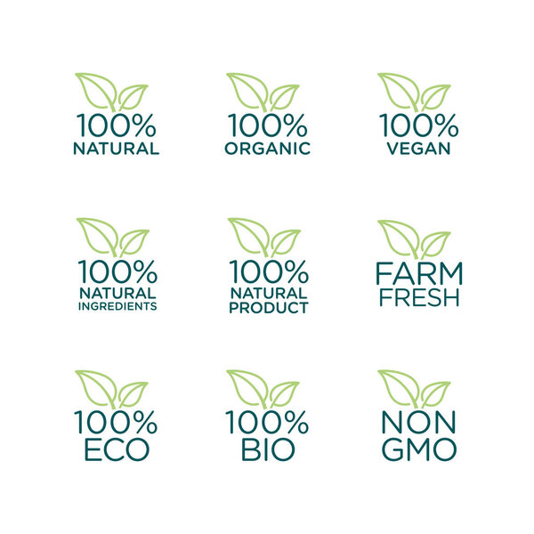 100% natural, organic, vegan, natural ingredients, natural product, farm fresh, eco, bio, gmo free icon set