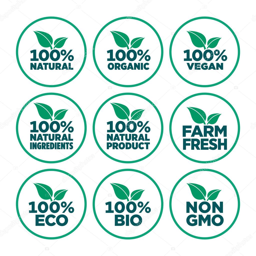100% natural, organic, vegan, natural ingredients, natural product, farm fresh, eco, bio, gmo free icon set