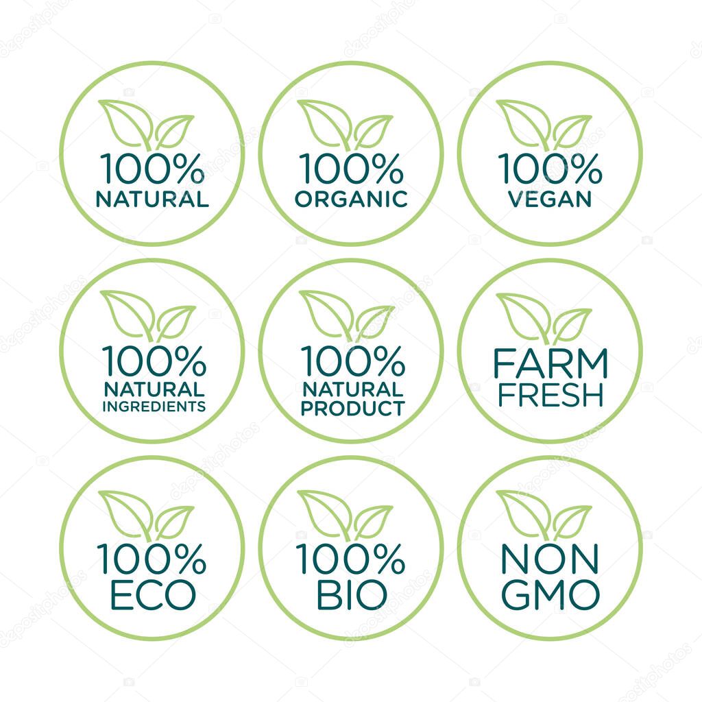 100% natural, organic, vegan, natural ingredients, natural product, farm fresh, eco, bio, gmo free icon set