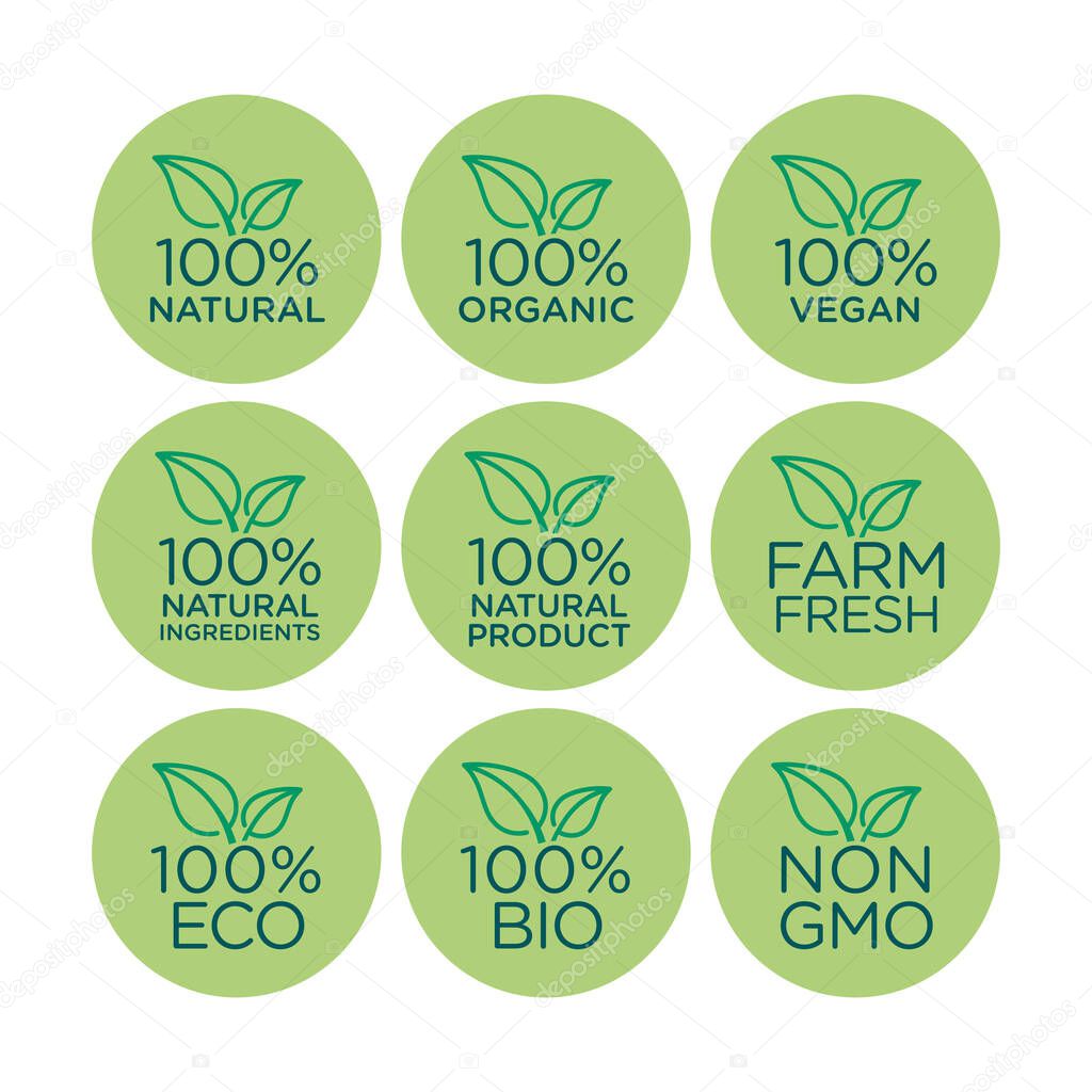 100% natural, organic, vegan, natural ingredients, natural product, farm fresh, eco, bio, gmo free icon set